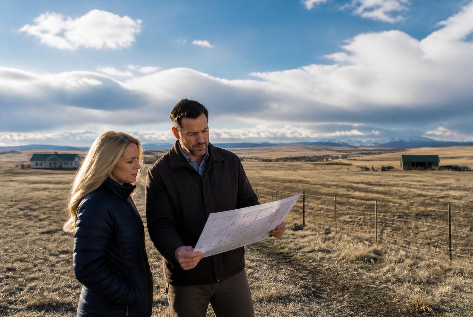 A buyer and real estate professional reviewing a parcel map on open acreage near Cheyenne, Wyoming