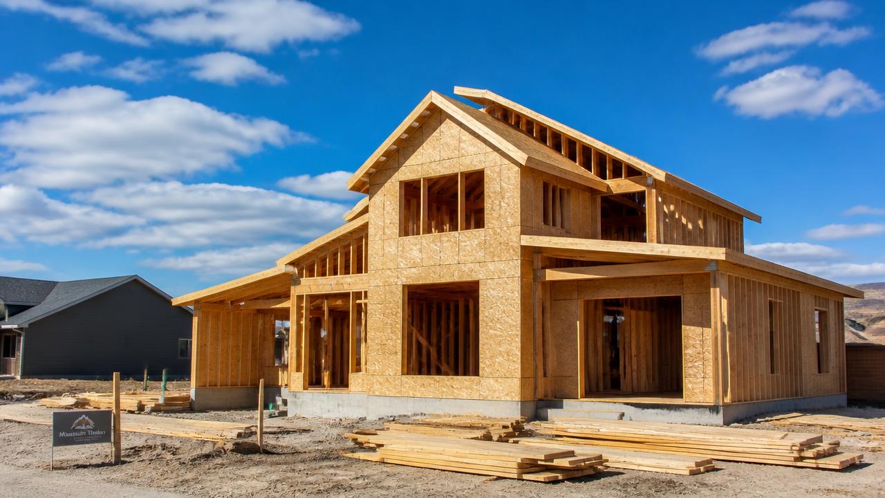 New home under construction in Cheyenne, Wyoming with timber framing and modern residential development