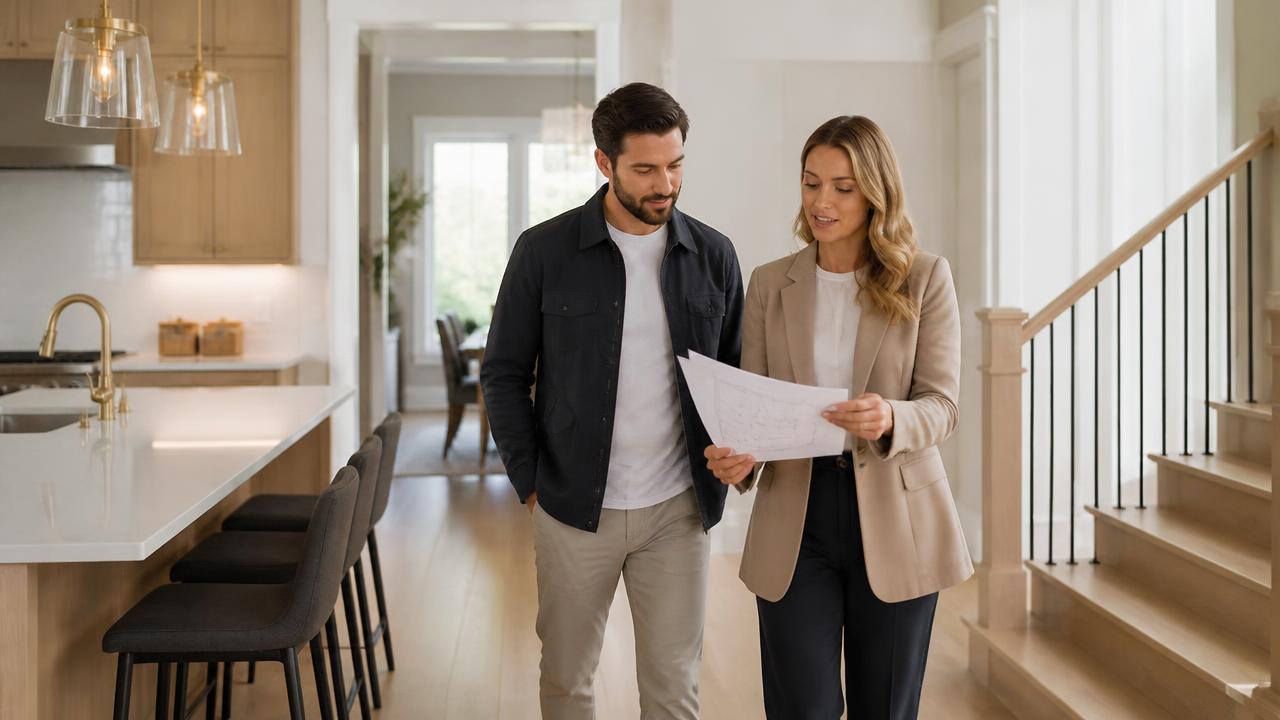 Homebuyer and real estate professional reviewing plans during a final walkthrough in a new Cheyenne home