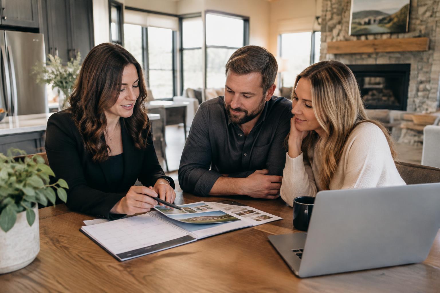 Real estate professional reviewing a home marketing plan and calendar with Cheyenne homeowners