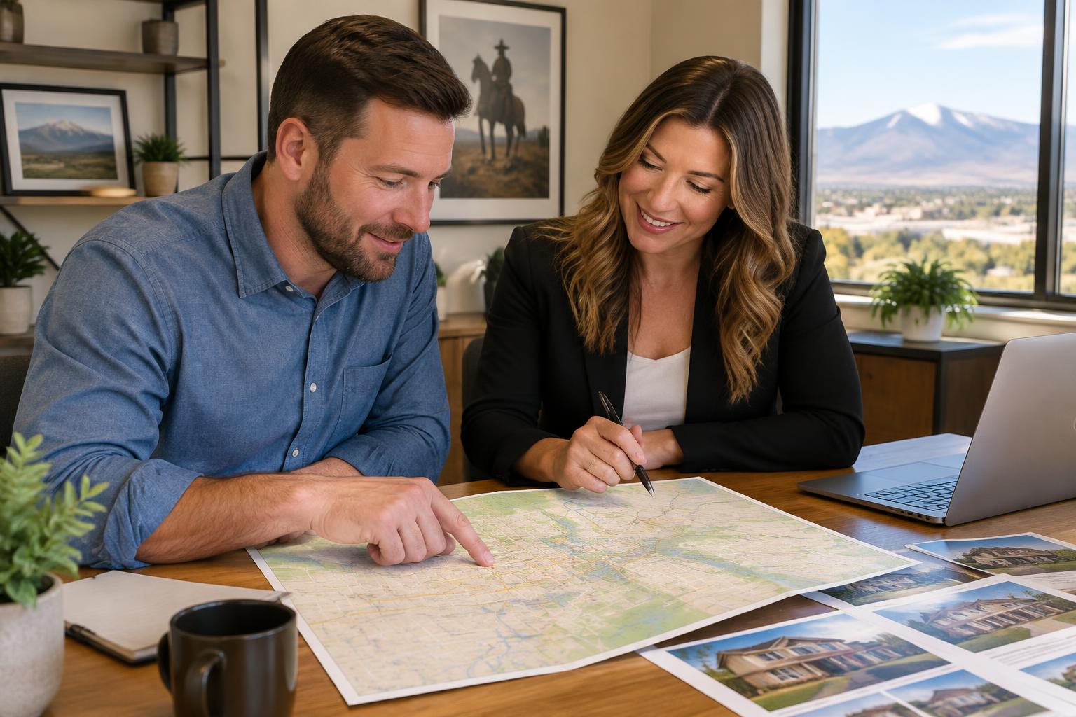 Homebuyer reviewing a Cheyenne map and property listings with a real estate professional